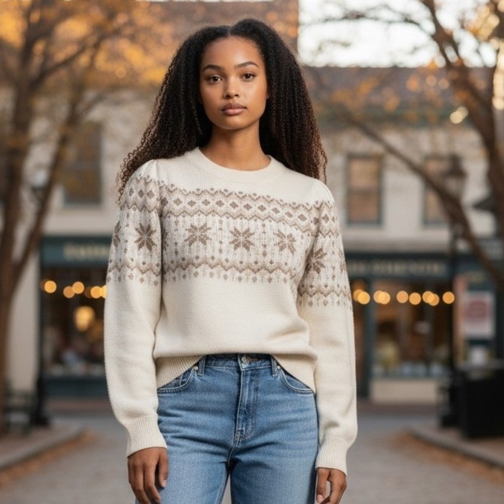 J.Crew Fair Isle Crewneck Sweater Women S Ivory Brown Snowflake Cotton BV385